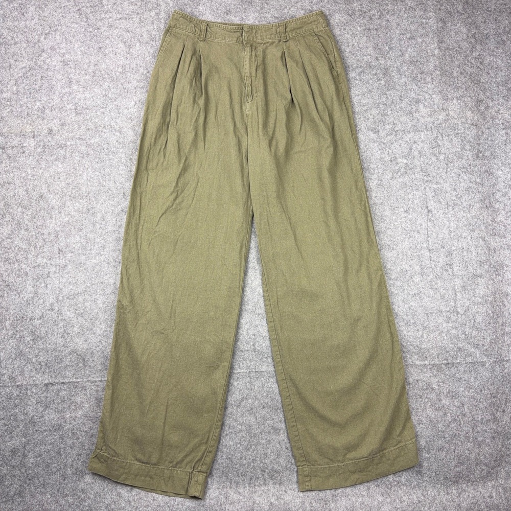 Gap Pants Womens 10 Tall Olive Green Linen Blend Pleated Wide Leg High Rise